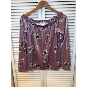 Urban Romantics Velvet Off The Shoulder Floral Bell Sleeve Top Mauve Purple M